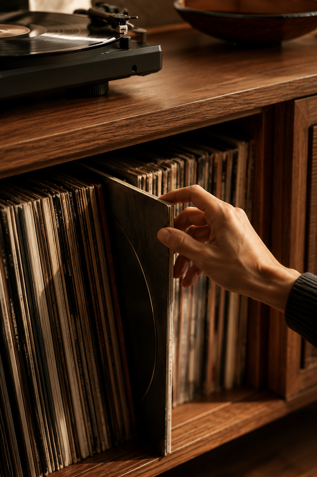 Détail d’un meuble vinyle en bois